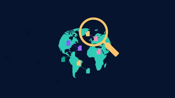 Magnifying glass over a globe with documents attached to regions