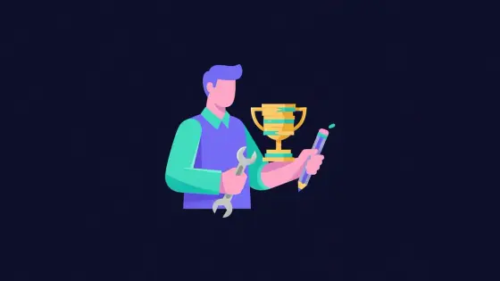 Coin trophy handed to a figure holding a wrench and pencil