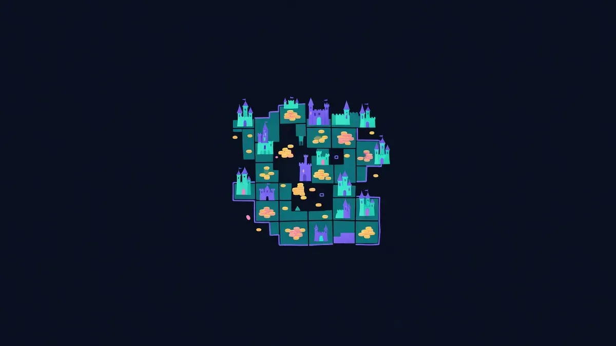 Tile based fantasy map with tiny castles and coins