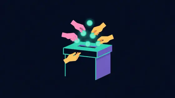 Ballot box with hands dropping glowing tokens into it