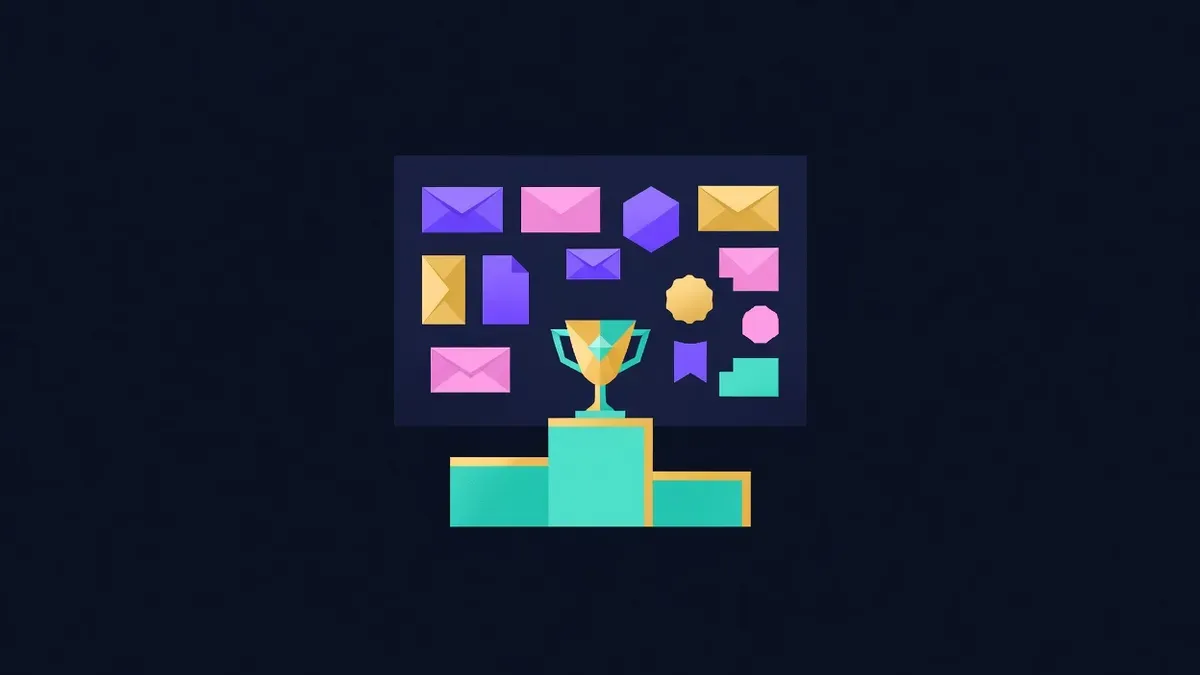 Three step podium with a trophy in front of a board of submissions