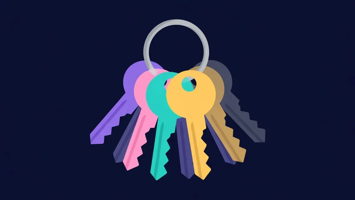 Key ring with two highlighted keys among many dim ones