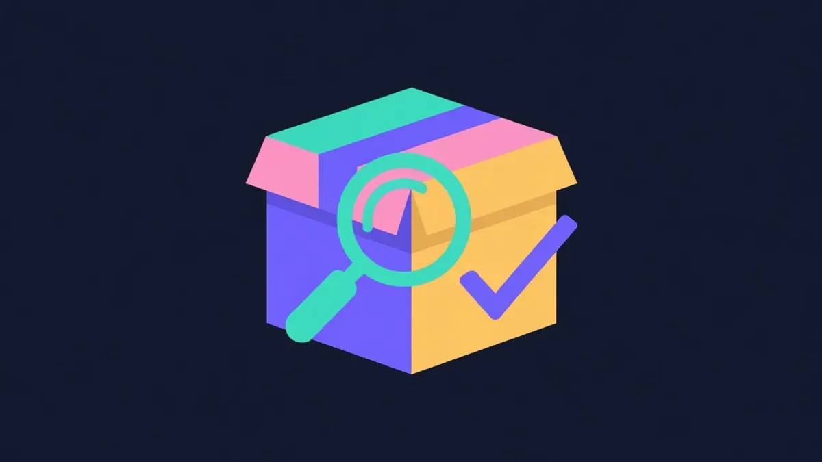 Package box inspected by a magnifying glass with a checkmark