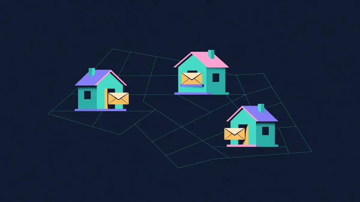 Three envelopes stored in different houses on a map