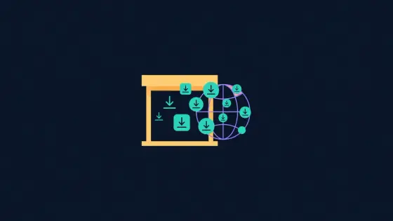 Digital storefront with download icons floating to points on a globe