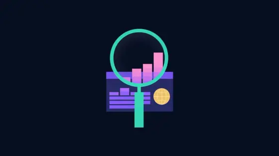 Magnifying glass over a small website with rising bar charts