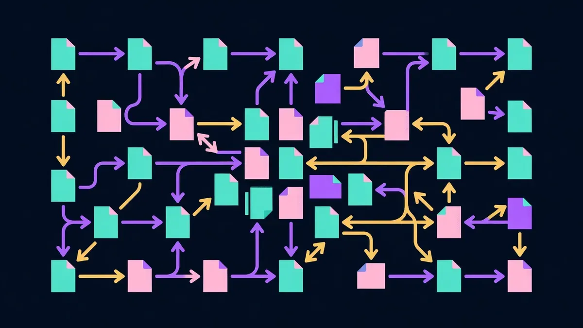 Web of connected document icons linked by arrows
