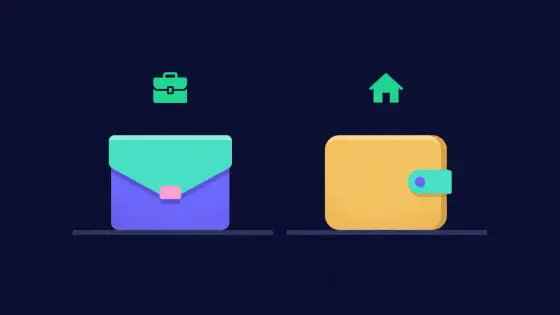 Two wallets on separate shelves marked with briefcase and house icons