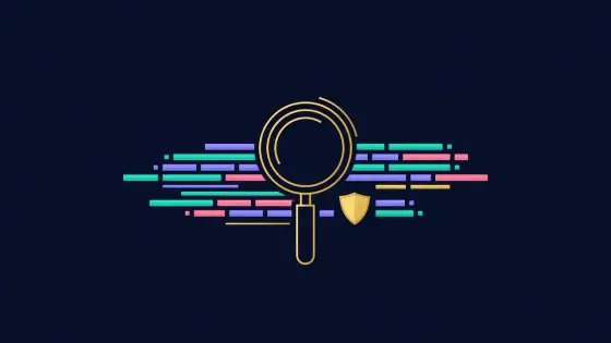 Magnifying glass inspecting abstract code blocks beside a shield