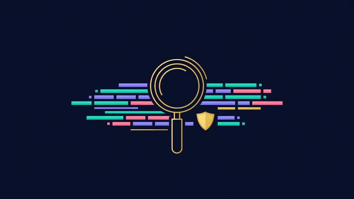Magnifying glass inspecting abstract code blocks beside a shield