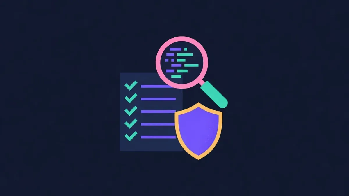 Checklist beside a shield and magnifying glass over code
