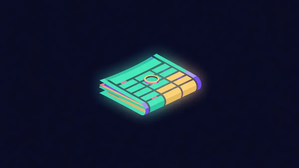 Stylised newspaper built from glowing blocks with a coin resting on it