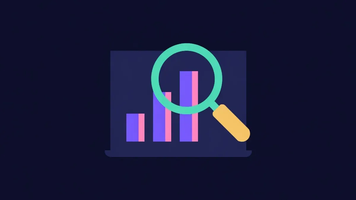 Magnifying glass hovering over a bar chart on a dark screen
