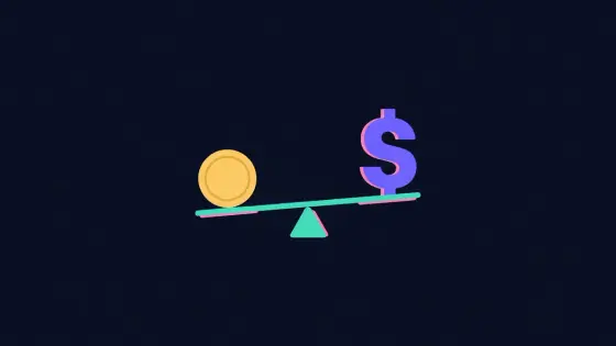 Coin on a seesaw tilting slightly away from a dollar sign weight
