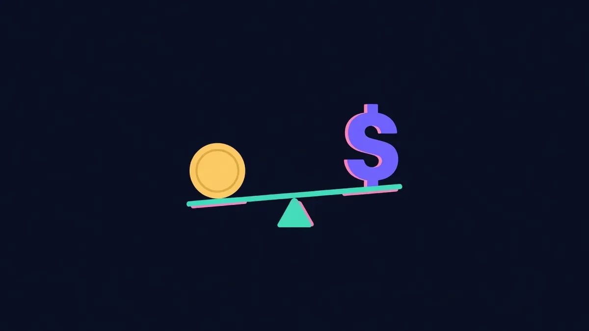 Coin on a seesaw tilting slightly away from a dollar sign weight