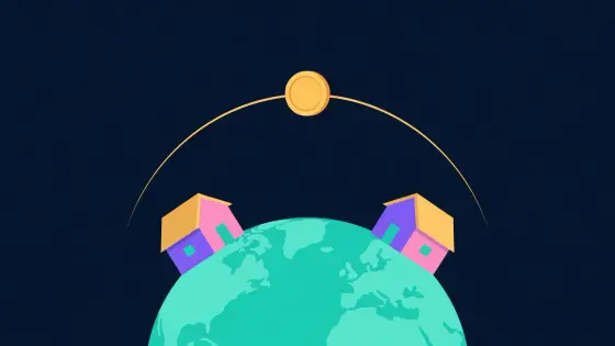 Coin flying along an arc between two houses on a globe