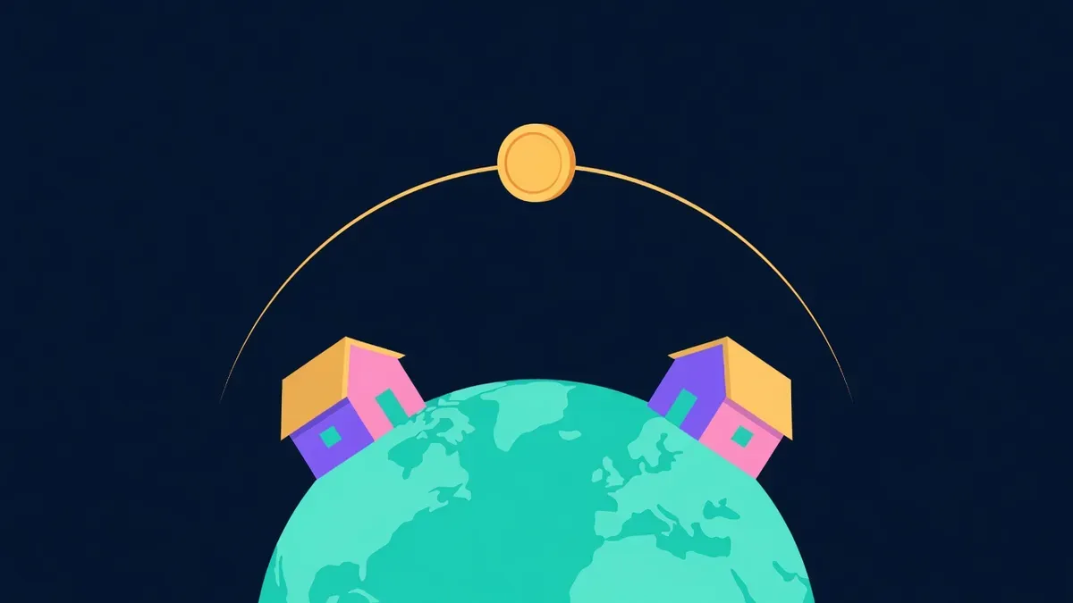 Coin flying along an arc between two houses on a globe