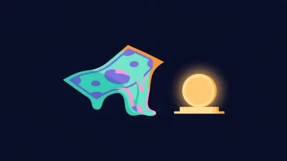 Melting banknote beside a steady glowing coin on a pedestal