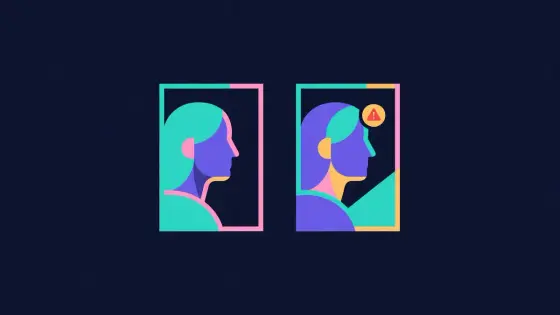 Two similar profile cards with a warning sign on the fake one