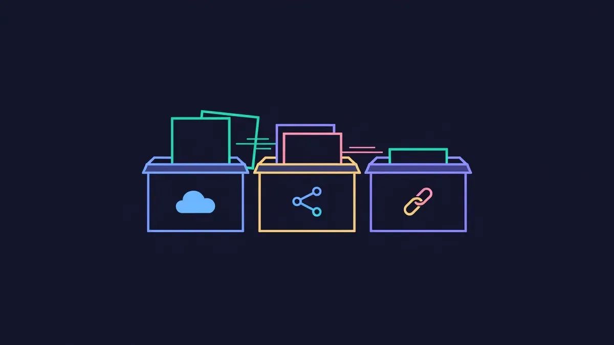 Image frames filed into storage boxes marked cloud, network and chain