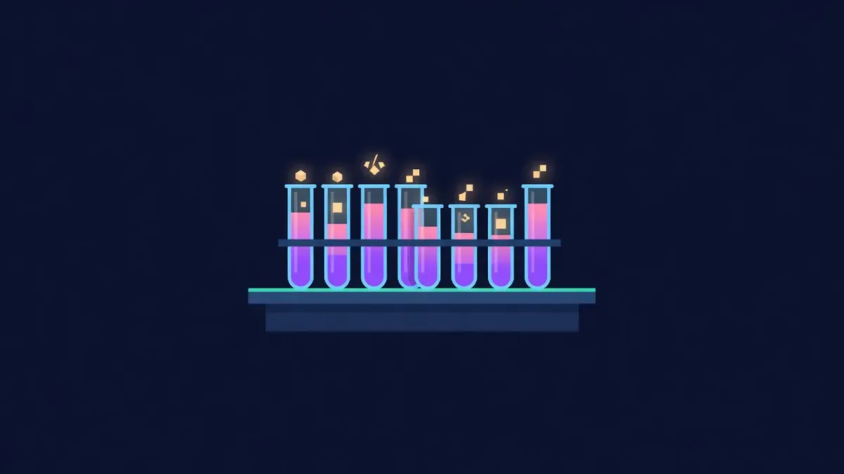 Lab bench with test tubes holding glowing code blocks