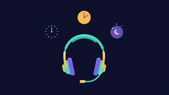 Helpdesk headset surrounded by clocks showing morning, noon and night