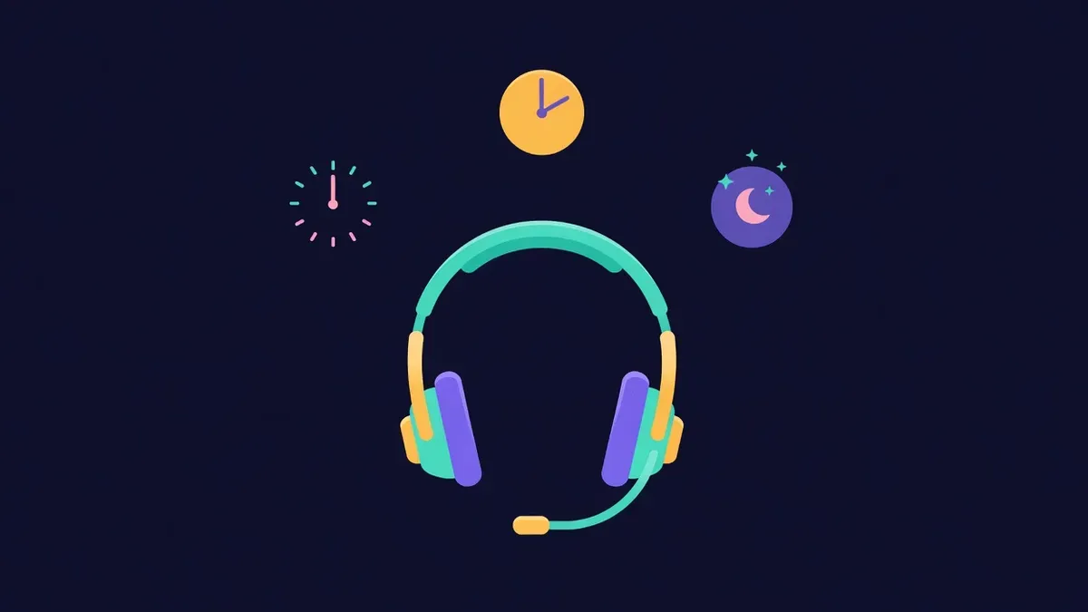 Helpdesk headset surrounded by clocks showing morning, noon and night