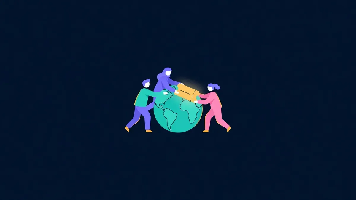 Three support figures passing a ticket around a globe
