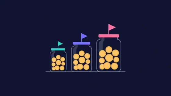Three jars of coins in different sizes, each topped with a small flag