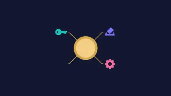 Token coin connected by lines to icons of a key, ballot box and gear