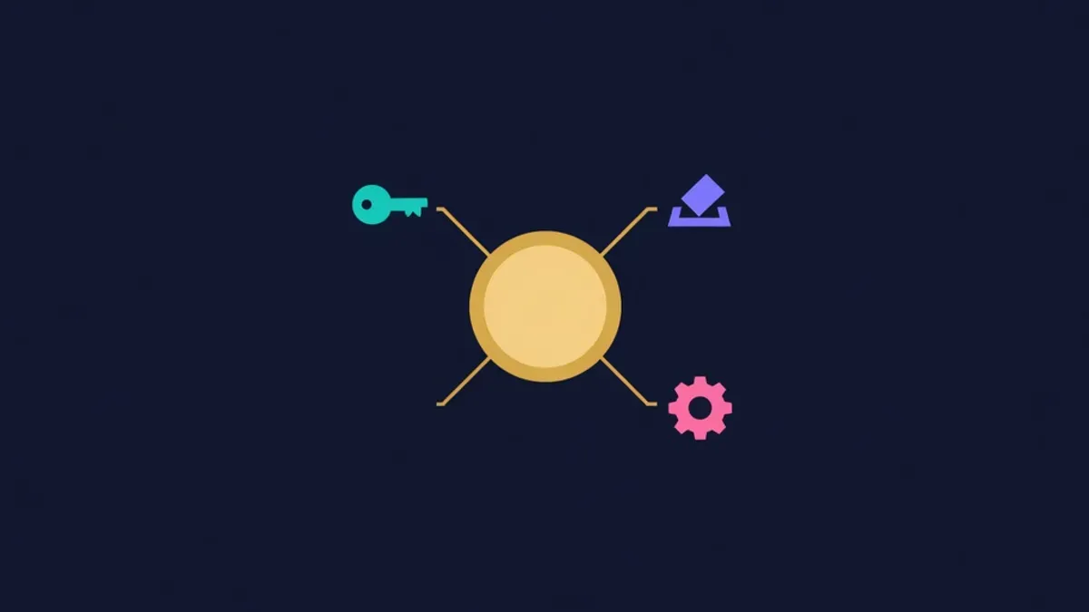 Token coin connected by lines to icons of a key, ballot box and gear
