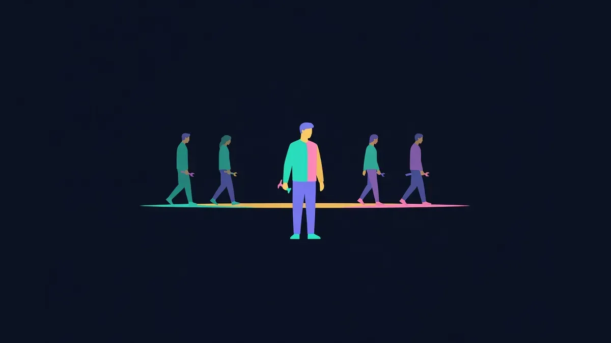 Quiet figures stepping onto a lit stage holding small tools