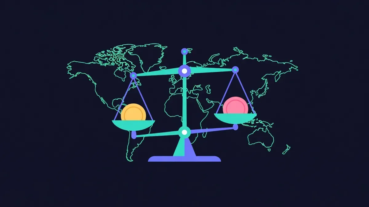 Two different coins balanced on a scale in front of a world map