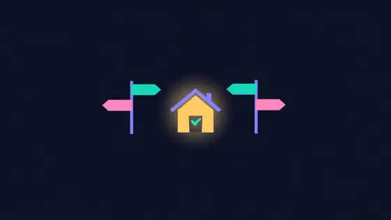 Three signposts pointing to one house with a checkmark on the door