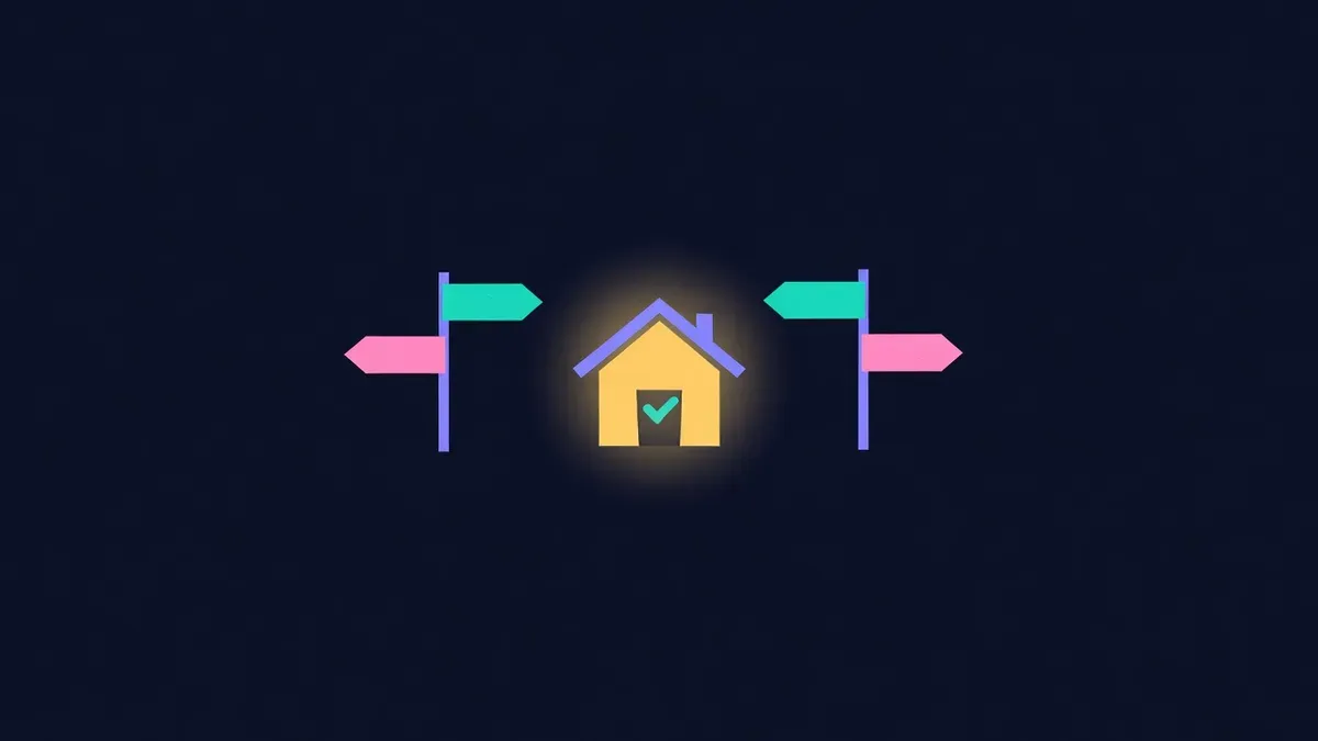 Three signposts pointing to one house with a checkmark on the door