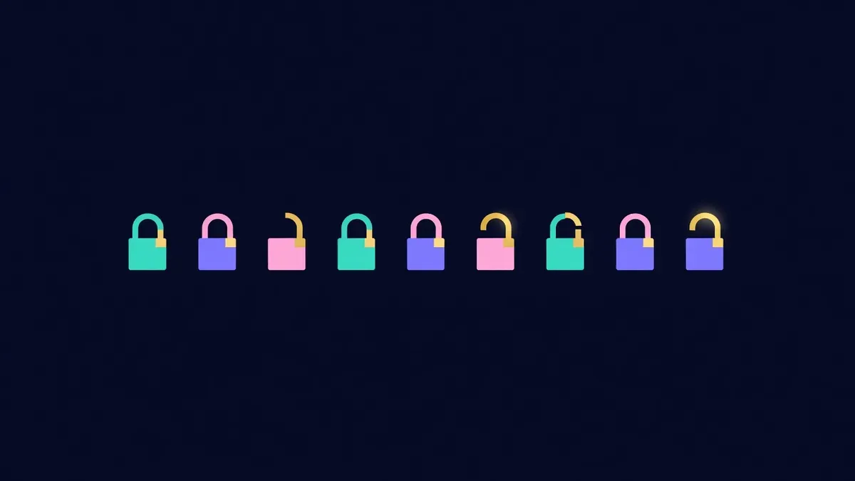 Row of padlocks opening one by one along a timeline