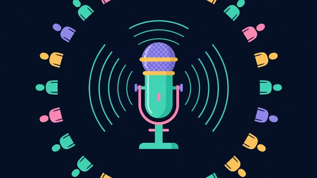 Microphone with sound waves circling small listening figures