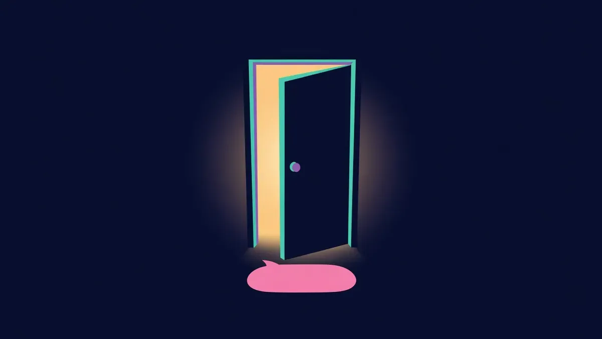 Open door with warm light and a speech bubble shaped welcome mat