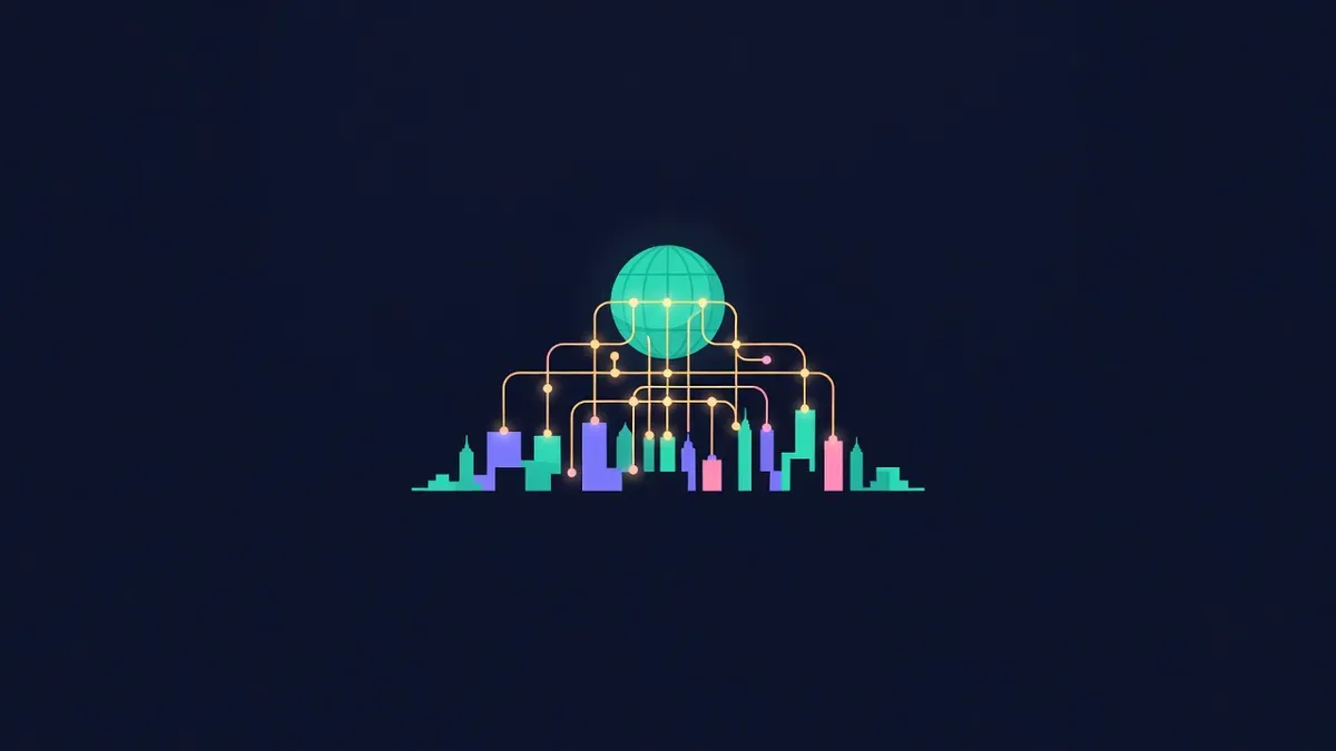 City skyline with glowing network lines rising to a globe