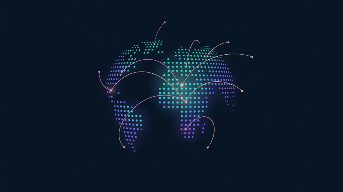 Glowing dotted globe with light trails connecting cities