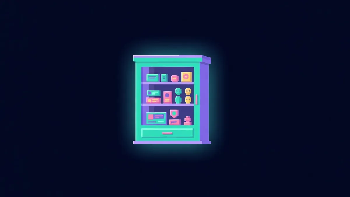 Glowing display cabinet holding digital cards, badges and pixel figures