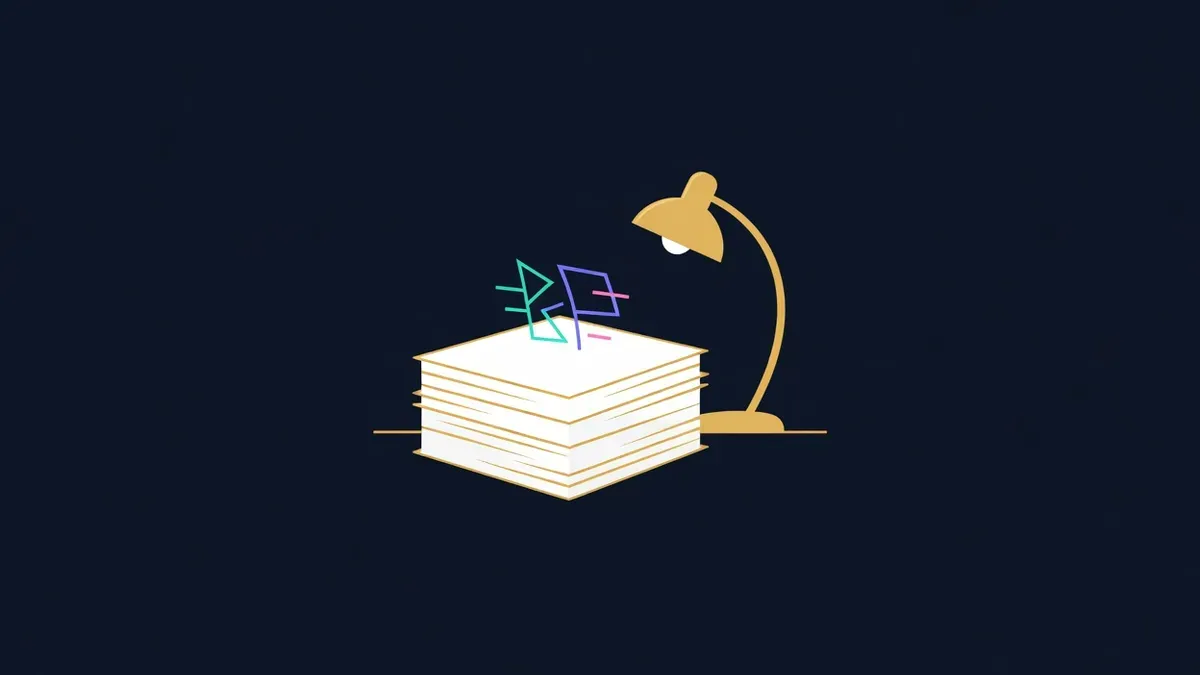 Stack of paper pages with a floating diagram under a reading lamp